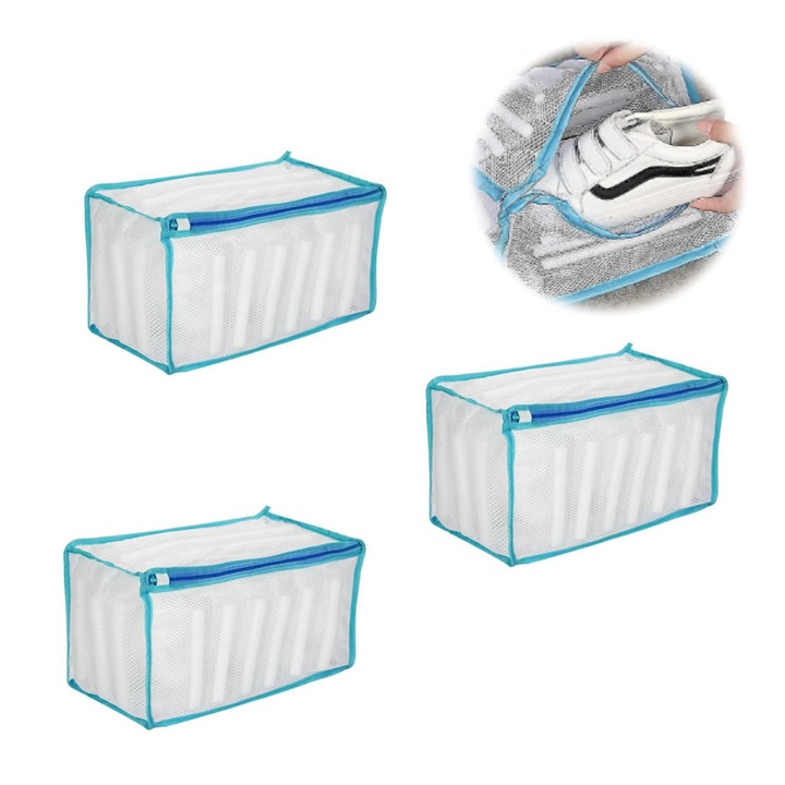 Set 3 Sacii pentru Masina de Spalat Incaltaminte HYVESTO, 33x19x15cm, 100% Poliester, Cu Fermoar, Margini din Spuma