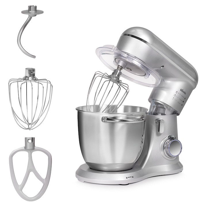 Mixer cu bol, Biovita ELLA, 1300W, Bol Inox 4.5L, 10 Viteze, 3 Accesorii, Design Compact, Argintiu