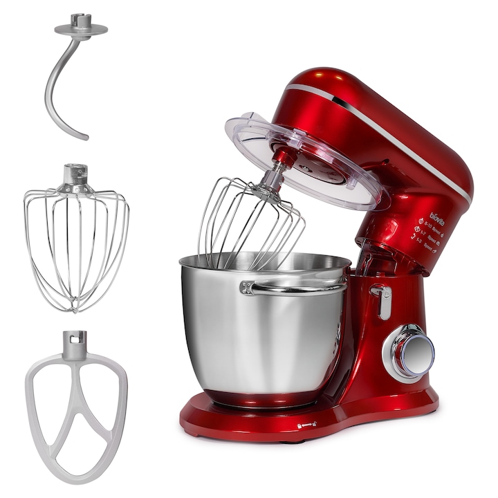 Mixer cu bol, Biovita ELLA, 1300W, Bol Inox 4.5L, 10 Viteze, 3 Accesorii, Design Compact, Rosu
