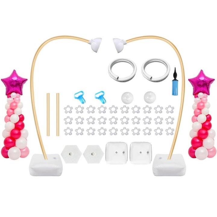 Комплект за аранжиране на балони, златист, декоративна стойка с основи, гъвкави пръчки и монтажни аксесоари, включена помпа, структура за многократна употреба за годишнини, сватби, кръщенета и тематични партита, лесен монтаж, професионални декорации