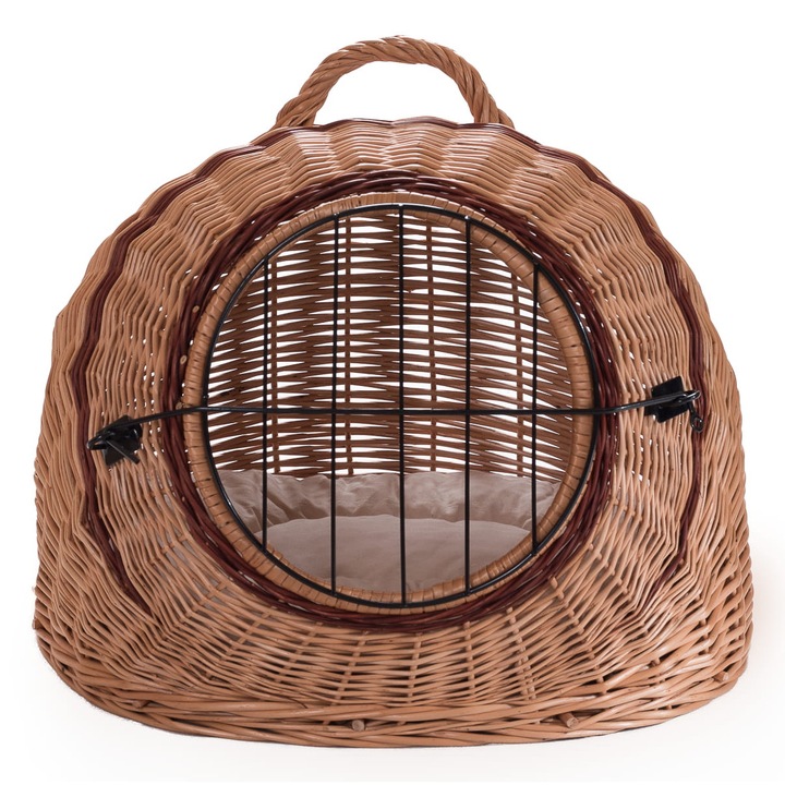 Cusca pentru pisici, Wicker World, K30, crem, cu perna, inchidere metalica, durabila, practica, confortabila, eleganta, originala, sigura, din rachita, cu perna