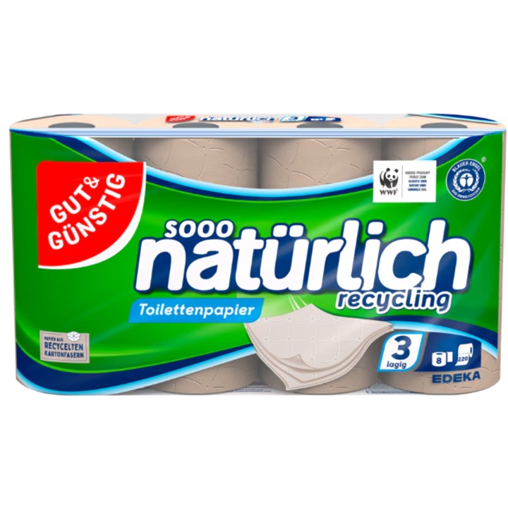 Hartie igienica reciclabila EDEKA, set 8 role, 220 foi/rola, biodegradabila, ecologica