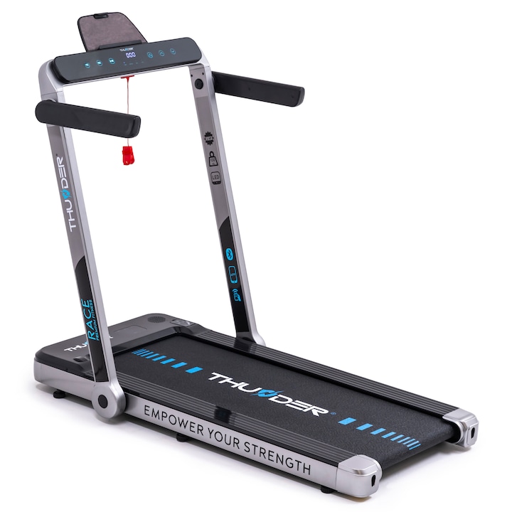 Електрическа бягаща пътека, Thunder, Race-Silver, 2 HP, Bluetooth, Fitshow/Kinomap/Zwift, Максимална скорост 14 км/ч, 12 предварително зададени програми, Максимално натоварване 130 кг, сгъваем, Транспортни колела, Магнитен ключ за безопасност, сребриста