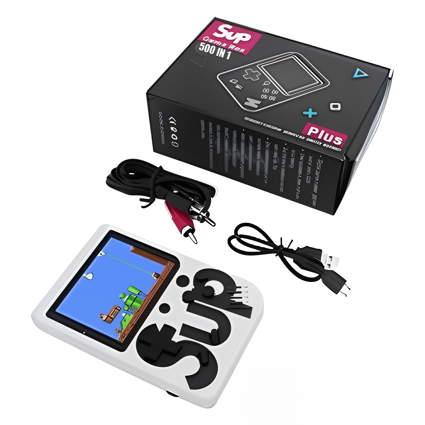 Consola portabila 400 jocuri clasice (Mario, Pac-Mac, Contra, etc), portabila ANGMAD, display 2.8 inch, baterie 1050mAh, conectare TV, culoare: alb, varsta min. recomandata 3ani+