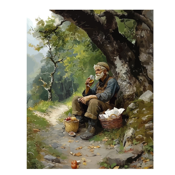 Set pictura pe numere Pauza de pranz 60291, panza bumbac pe rama lemn, 40x50 cm, tablou cu schita, 3 pensule si vopsea acrilica