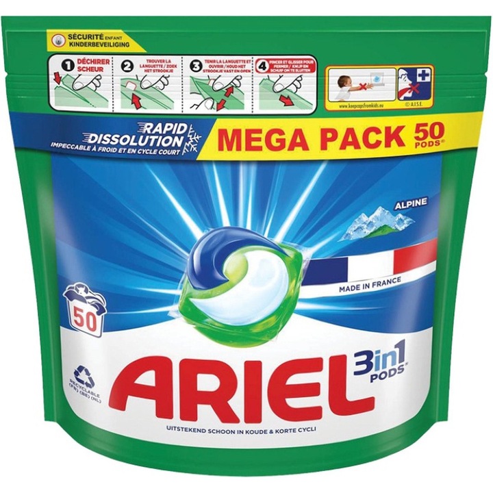 Препарат за пране, Ariel 3 в 1, 50 капсули, многоцветен