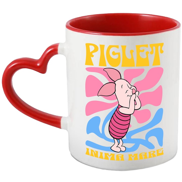 Cana ceramica StoryGift, 330ml, design cu Piglet, maner inima rosie