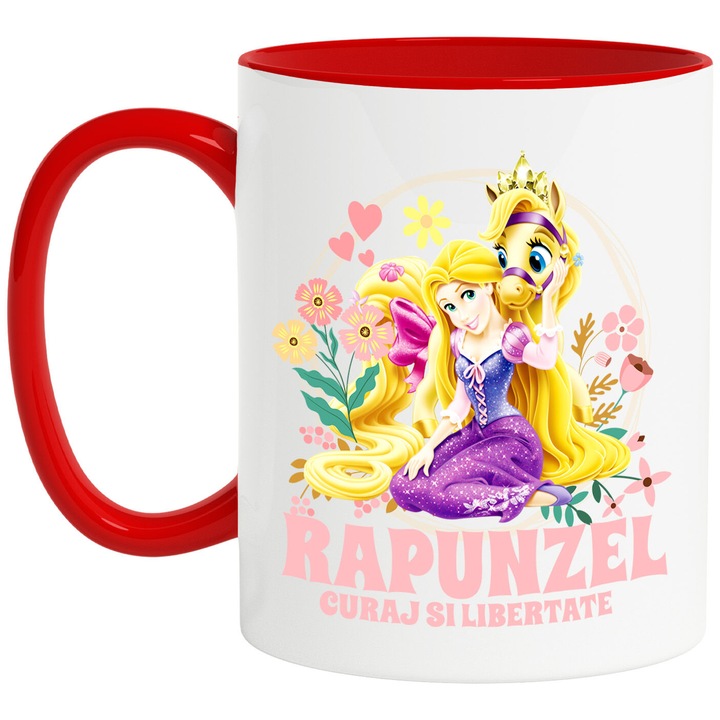 Cana ceramica Rapunzel si Maximus, 330ml, maner rosu, set