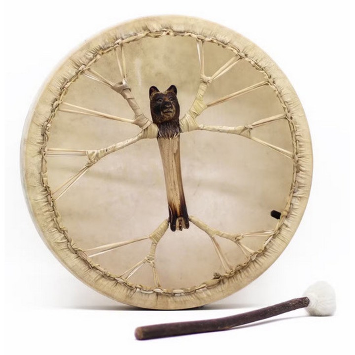 Ръчно изработен шамански барабан с пръчка, настройваем, Духът на мечката, 40 см