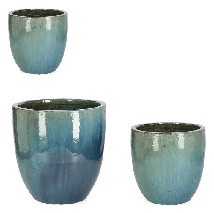 Set 3 ghivece flori teracota albastra Quang Ø30x27h; ø38x37h; ø47x47h