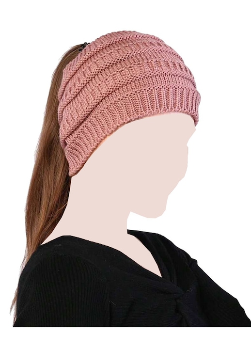 Плетена шапка с отвор за конска опашка, плътен модел, ежедневен зимен стил - Розова