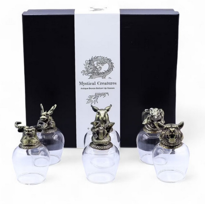 Pahare antice cu bază, Înțelepciune Antică, set de 6 bucăți, capacitate 100 ml, culoare bronz, cutie cadou de lux