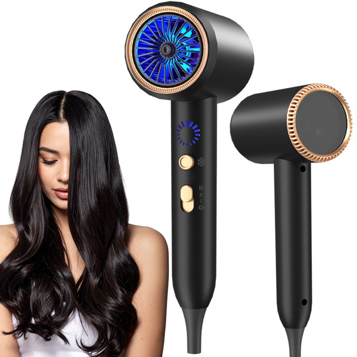 Професионален сешоар Skylaze® G999, 2400W изключително мощен, безчетков DC мотор 40 000 RPM, синя LED светлина, технология с отрицателни йони, 6 скорости, горещ/студен въздух, интелигентна термична защита, черен