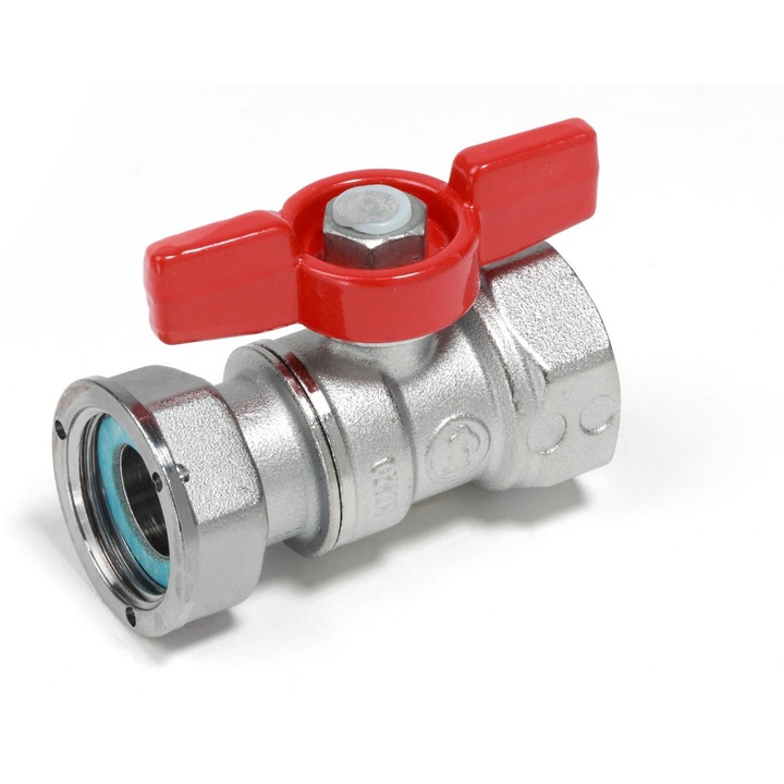 Robinet cu bila Giacomini R251PX054, filet interior 3/4" x 3/4", cu piulita si garnitura, maner tip T rosu, alama cromata