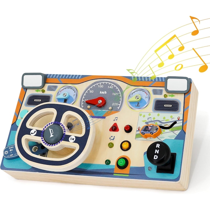 Tabla senzoriala din lemn pentru copii mici de 1, 2, 3, 4 ani, Montessori, dezvolta abilitati motorii fine, jucarii senzoriale cu lumina LED si sunete, volan masina, bebeLOGIC™