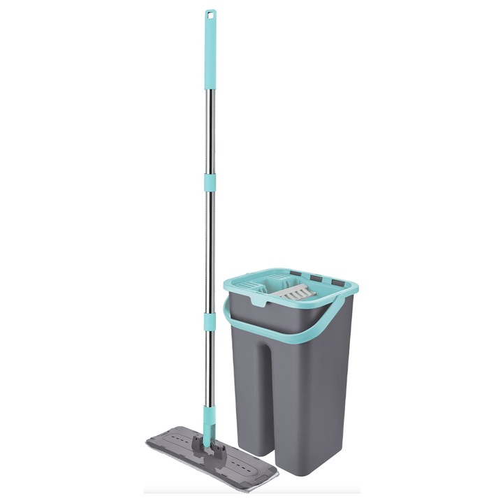 Set curățenie Kotonia Home, mop plat cu mâner telescopic, găleată 8L, compartimente pentru clătire și stoarcere, plastic gri cu decor turquoise, dimensiuni găleată 36x19x15cm, dimensiuni mop 32x12cm