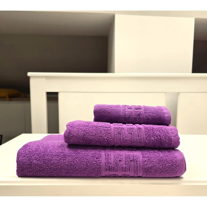 Комплект от 3 хавлиени кърпи за баня Greek Border Jacquard Plush Luxury - 100% памук, 500 гр./кв.м, лилав