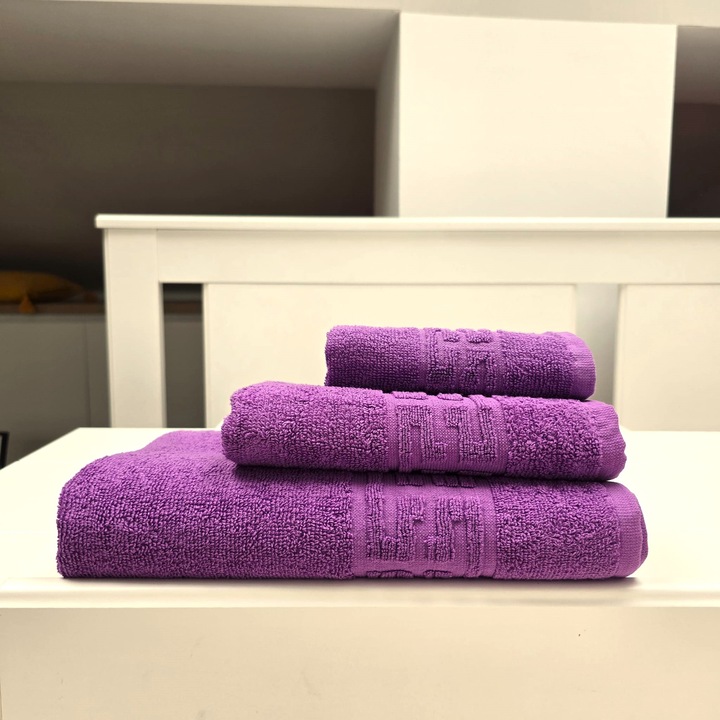 Set 3 Prosoape Baie Kotonia Home, Jacquard Plush, 100% Bumbac, Mov, 30x50cm, 50x90cm, 70x130cm