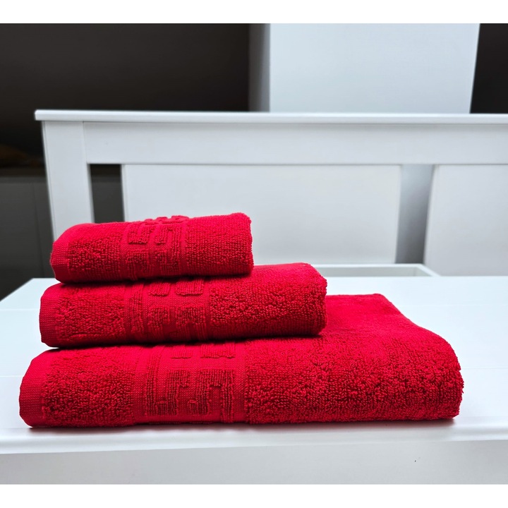 Комплект от 3 хавлиени кърпи за баня Greek Border Jacquard Plush Luxury - 100% памук, 500 гр/кв.м, червен