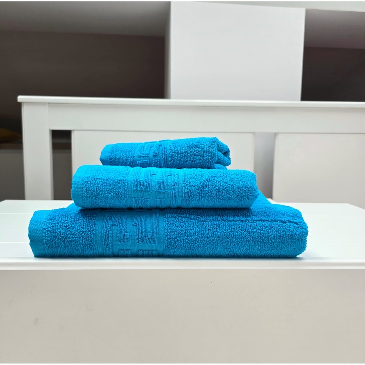 Комплект 3 хавлиени кърпи за баня Greek Border Jacquard Plush Luxury - 100% памук, 500 гр/кв.м, тюркоаз