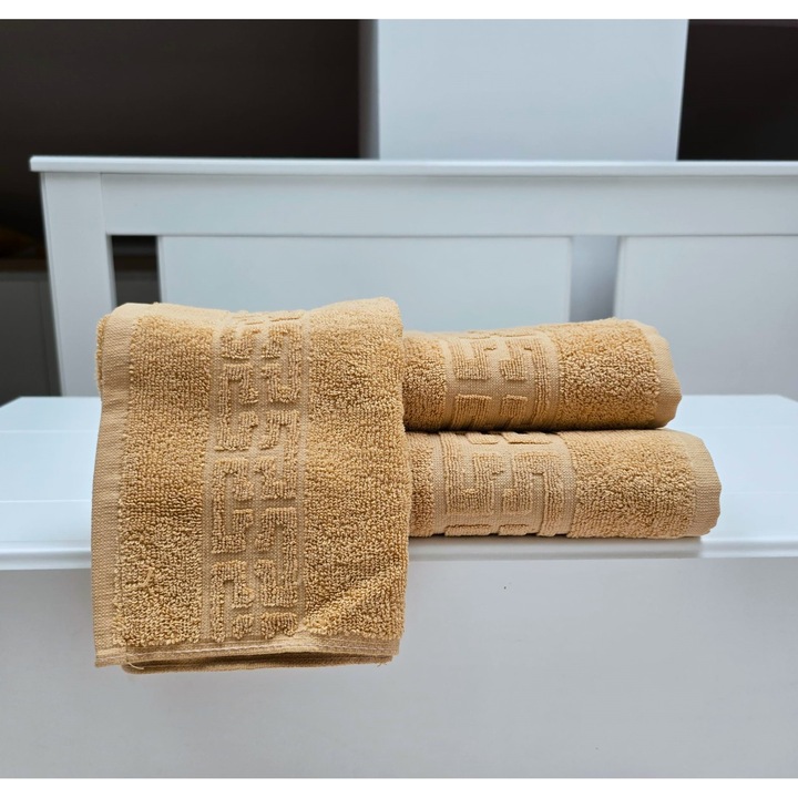 Комплект 3 хавлии за баня Greek Border Jacquard Plush Luxury - 100% Памук, 500 гр./кв.м, капучино