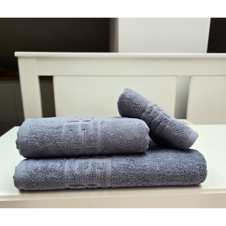Комплект 3 хавлиени кърпи за баня Greek Border Jacquard Plush Luxury - 100% Памук, 500 гр./кв.м, сиви