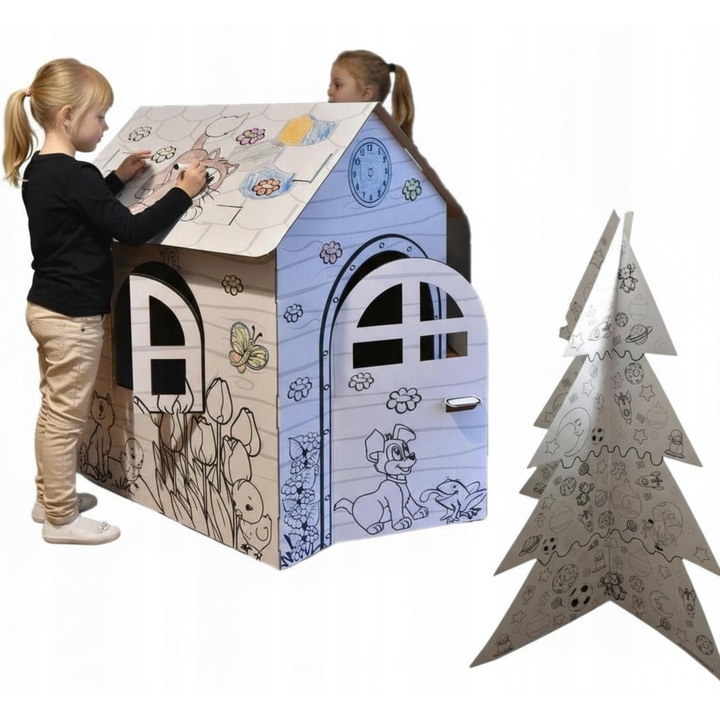 Casuta din carton creativ pentru copii, set cu colorat, alb, 99x68x78cm