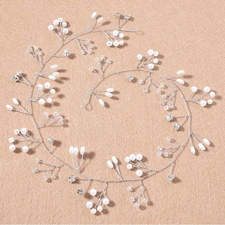 Accesoriu de par pentru mireasa cu perle si cristale, stil romantic