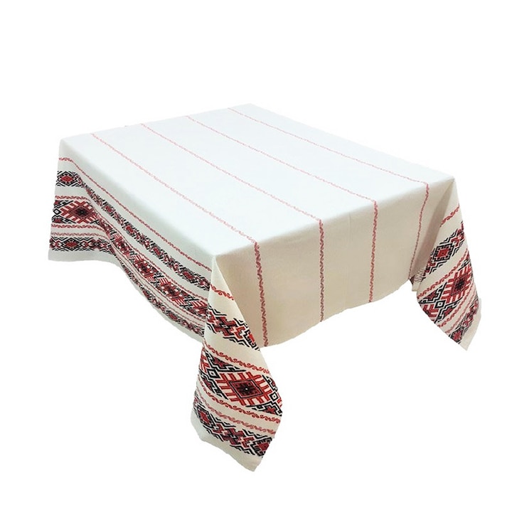 Fata de masa din bumbac 100%, Traditional alb rosu si negru, 250 x 150 cm