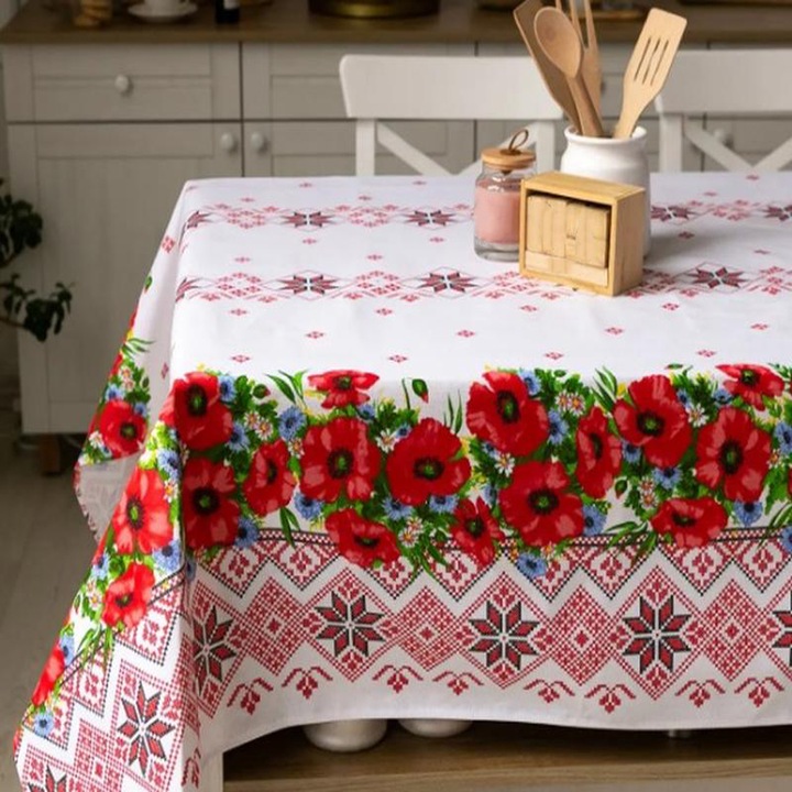 Fata de masa din bumbac 100%, Traditional Maci, 250 x 150 cm, Rosu-Alb, 1 buc