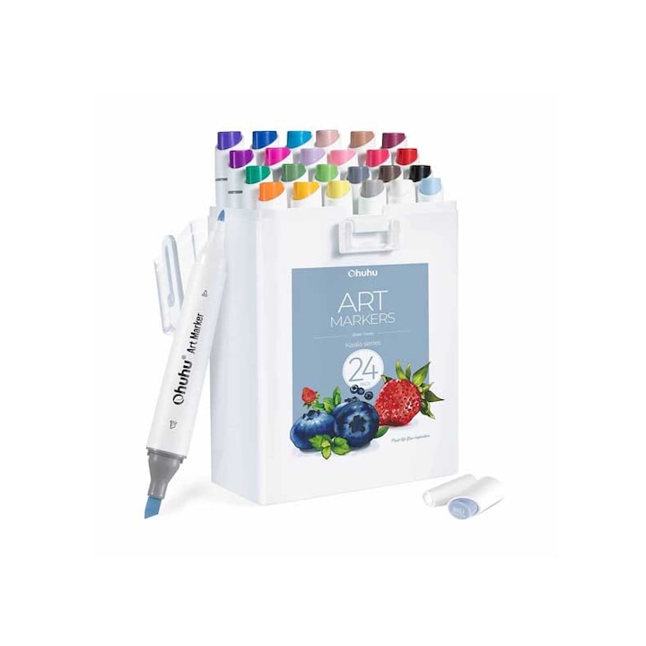 Set 24 markere Alcool, Ohuhu, Dubla varf, 24 culori, 1 marker blender