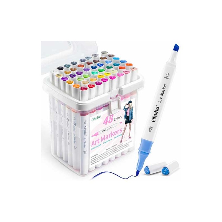 Set 48 markere cu alcool Ohuhu, Fine & Chisel, multicolor, 300m