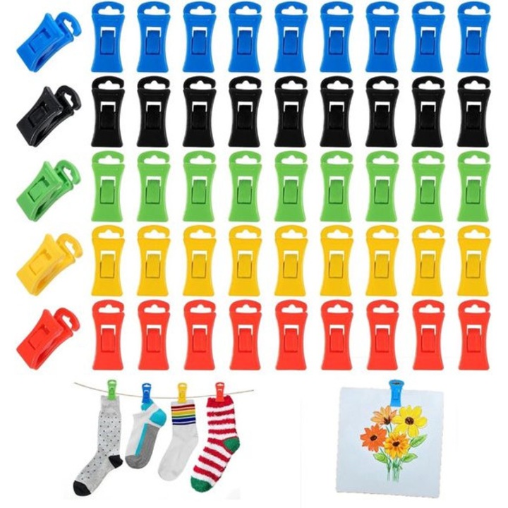 Set 50 clips pentru sosete, colorate, reutilizabile, pentru masina de spalat si uscator