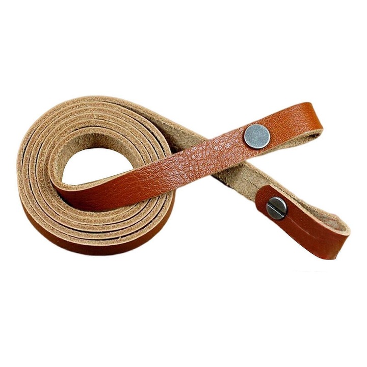 Curea pentru camera si binoclu din piele naturala full-grain, reglabila 90-100 cm, latime 9-10 mm, cu prinderi metalice, Maro deschis