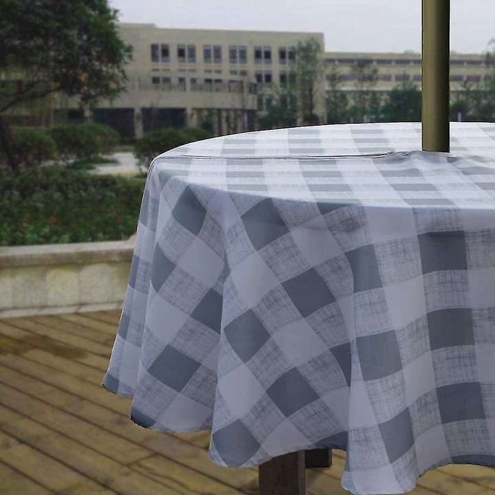 Fata de masa rotunda 60", impermeabila, cu fermoar, model frunze, gri, set pentru mese in aer liber