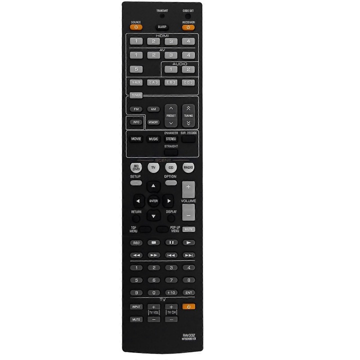 Telecomanda inlocuire RAV332-WT92680EX, compatibila cu Yamaha YHT-493 / RX-V367 / RX-V367BL, functioneaza cu 2 x AAA (neincluse), plastic durabil, Negru, 1 buc
