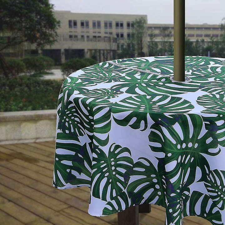 Fata de masa rotunda 60", impermeabila, cu fermoar, model frunze verzi, set pentru mese in aer liber