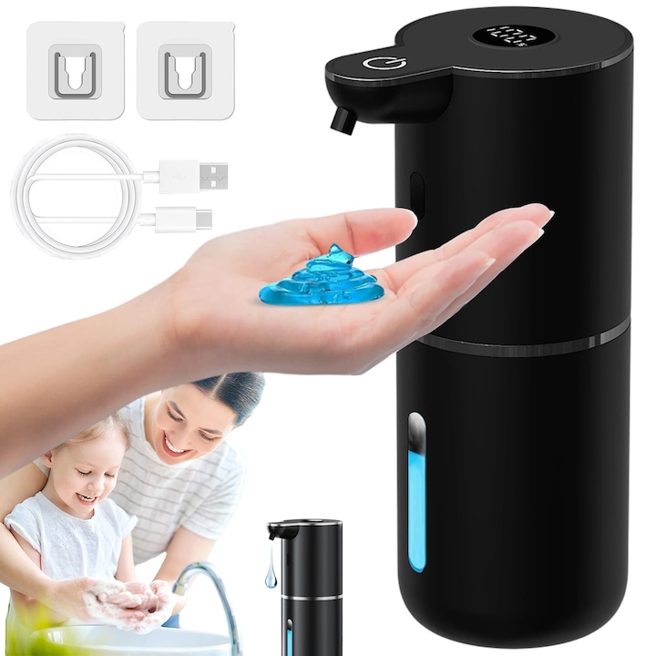 Автоматичен дозатор за гел сапун, 380 мл, Монтаж на стена, Електрически безконтактен дозатор за сапун със сензор, Акумулаторен USB дозатор за пяна сапун за баня, кухня, офис, хотел, болница, Черен