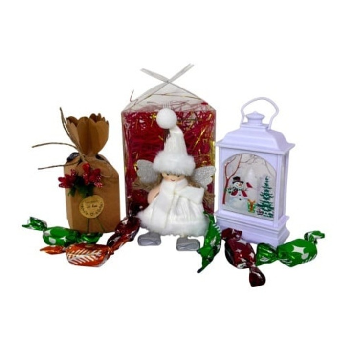 Pachet Secret Santa, cu decoratiune luminoasa tip felinar cu Om de Zapada, ingeras decorativ si bomboane de brad, in cutie transparenta, Alb, Velve