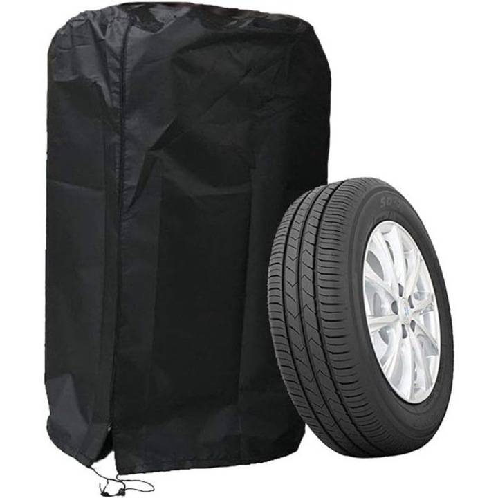 Husa pentru anvelope/roti, din poliester oxford, rezistenta si impermeabila, anti-praf, cu fermoar si snur ajustabil, negru, pentru 4 anvelope, 65 x 90 cm