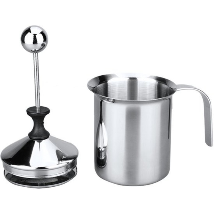 Spumant manual pentru lapte, 400ml, inox, dimensiuni 18x8cm, set cu 1 frother