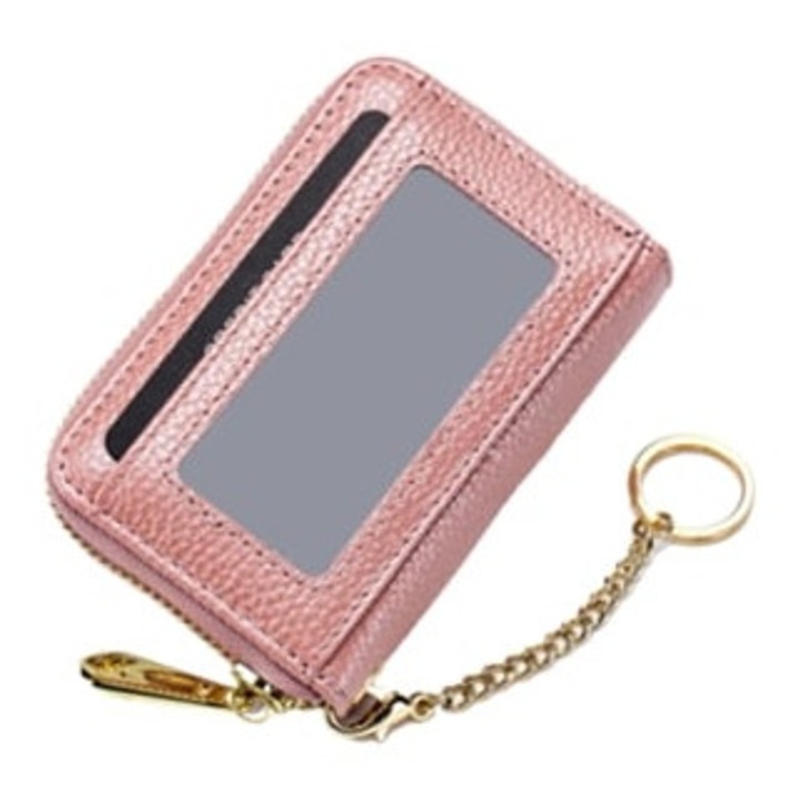 Portofel dama, roz, piele, cu fermoar, pentru carduri si chei
