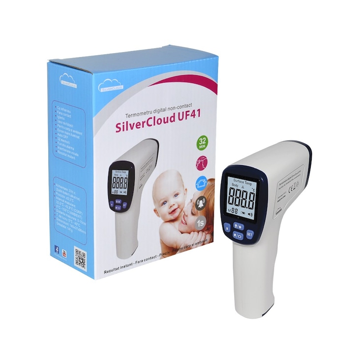 Дигитален термометър SilverCloud UF41, Безконтактна инфрачервена технология, Гласови предупреждения