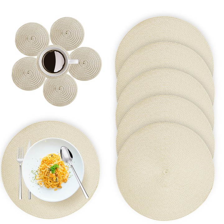 Set de 12 Suporturi Farfurii, SOUTHGATE, Rezistente la Caldura, Reutilizabile si Lavabil, Antiderapante, 38x38cm si 10x10cm, Bej