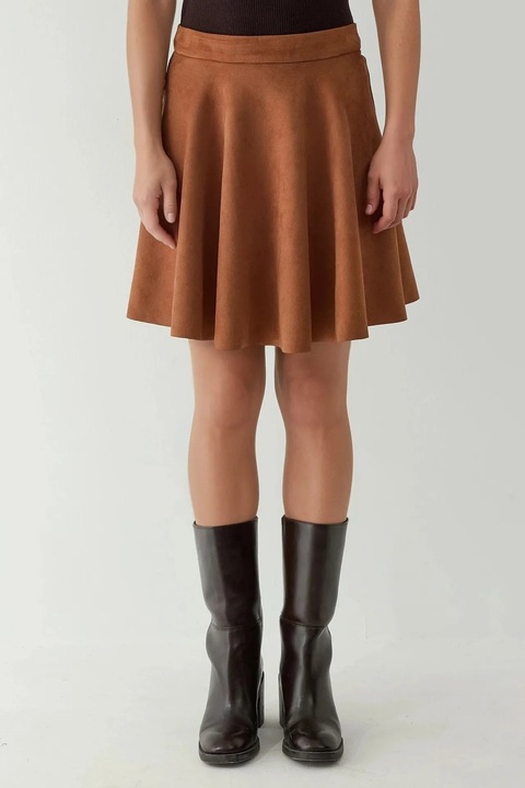 Fusta mini, HiCCUP, din piele intoarsa ecologica, talie inalta, culoare maro/camel, textil