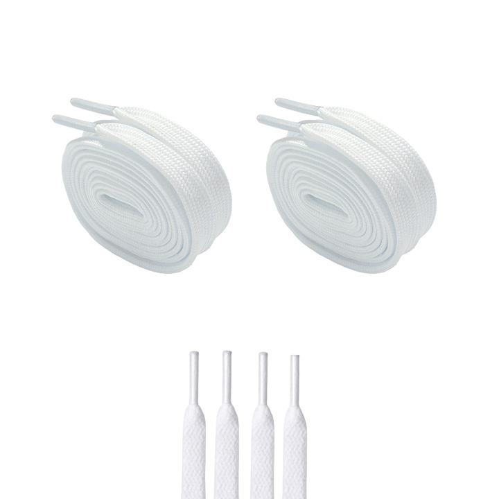 Set de 2 perechi de sireturi pentru pantofi sport, textura plasata, atinat moale ca bumbacul, rezistente la scartait si pilozitate – alb, 120 cm, potrivite pentru pantofii cu 8–12 gauri (marimi 33–40)