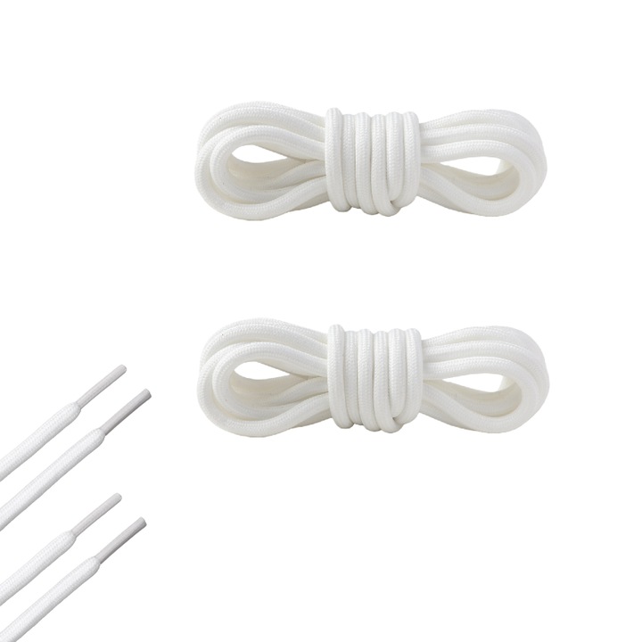 Комплект от 2 чифта връзки за спортни обувки, кръгъл профил, меки на допир като памук, устойчиви на протриване и натрупване на власинки – бели, 140 см, идеални за ниски кецове (размери 39–44)
