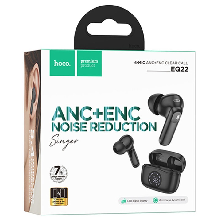 Vezeték nélküli fülhallgató Hoco (EQ22), fülhallgató, BT 5.4, 40/400mAh, ANC+ENC, PowerLED, Midnight/FEKETE