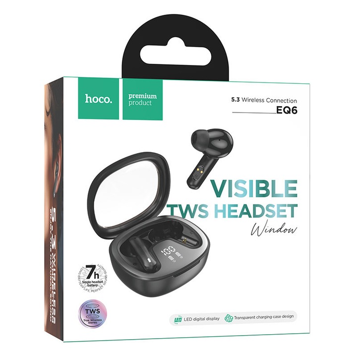 Hoco vezeték nélküli fülhallgató (EQ6), vezeték nélküli fülhallgató, Ear Buds, BT 5.3, 180 óra készenlét, 320 mAh, Shadow, fekete