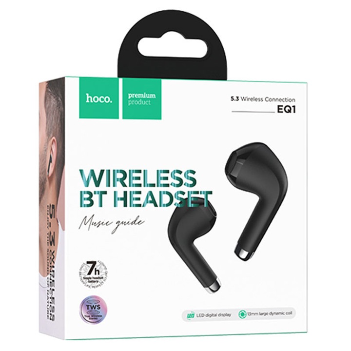 Hoco vezeték nélküli fejhallgató (EQ1), vezeték nélküli fejhallgató, fülhallgató, BT 5.3, 180 óra készenlét, 400 mAh, LED kijelző, MusicGuide, fekete